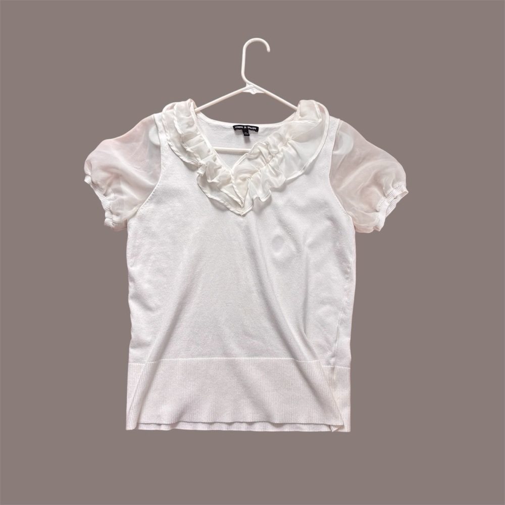 Cable & Gauge White Ruffle V-Neck Knit Top Sheer Puff Sleeve XL